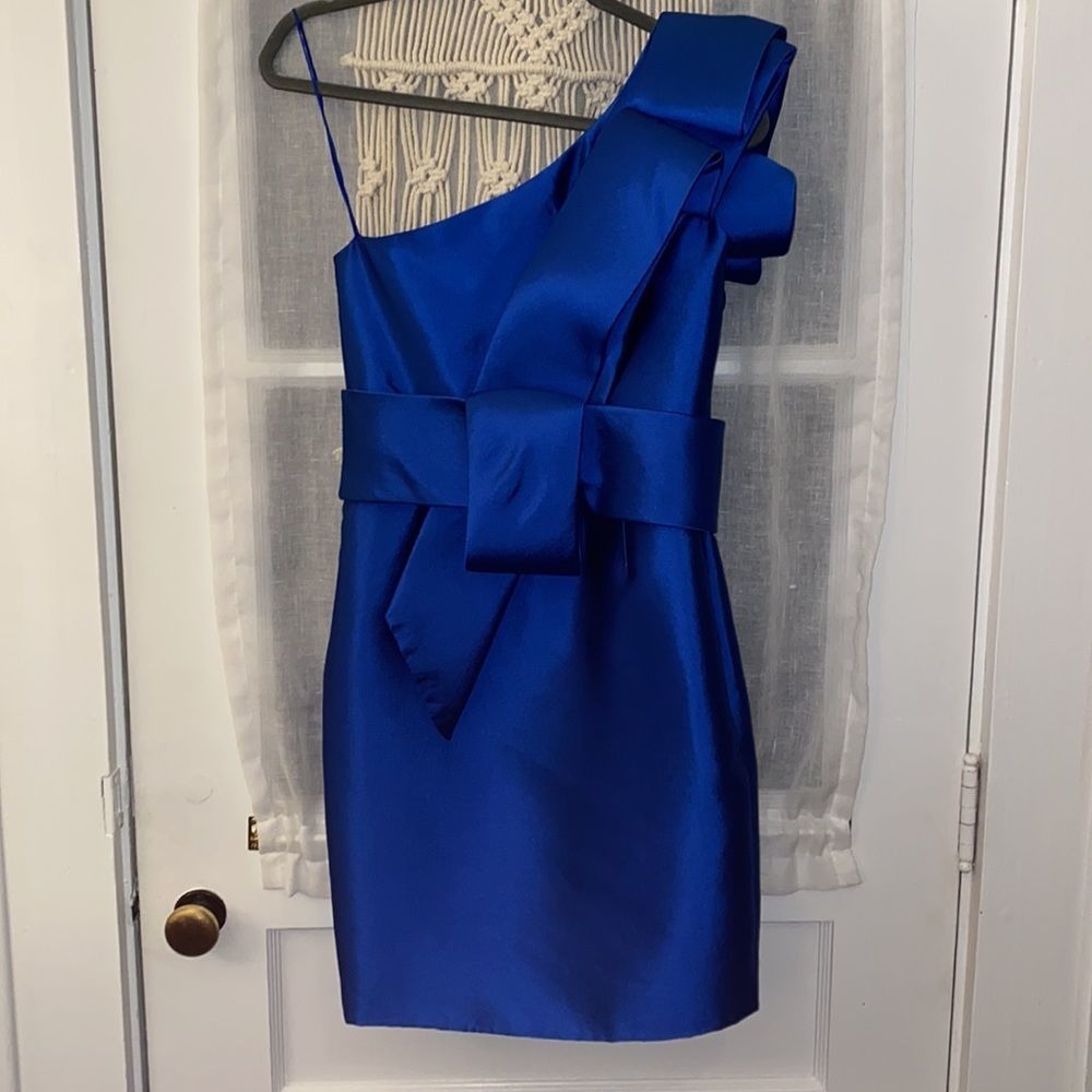 NWOT Marchesa Royal Blue Silk One shoulder Cocktail Mini Dress - Picture 6 of 11